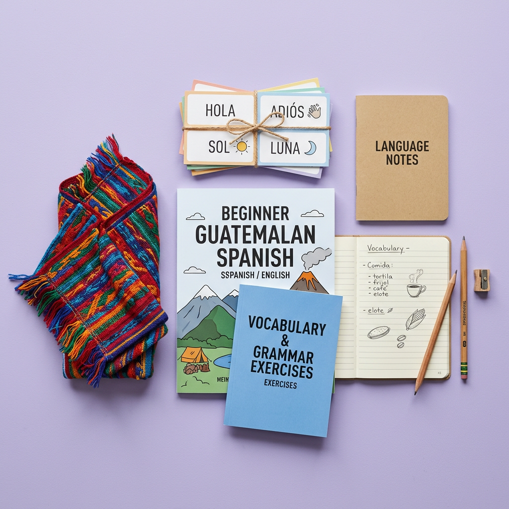 Workbooks, flashcards and a Guatemalan woven textile laid out on a table
